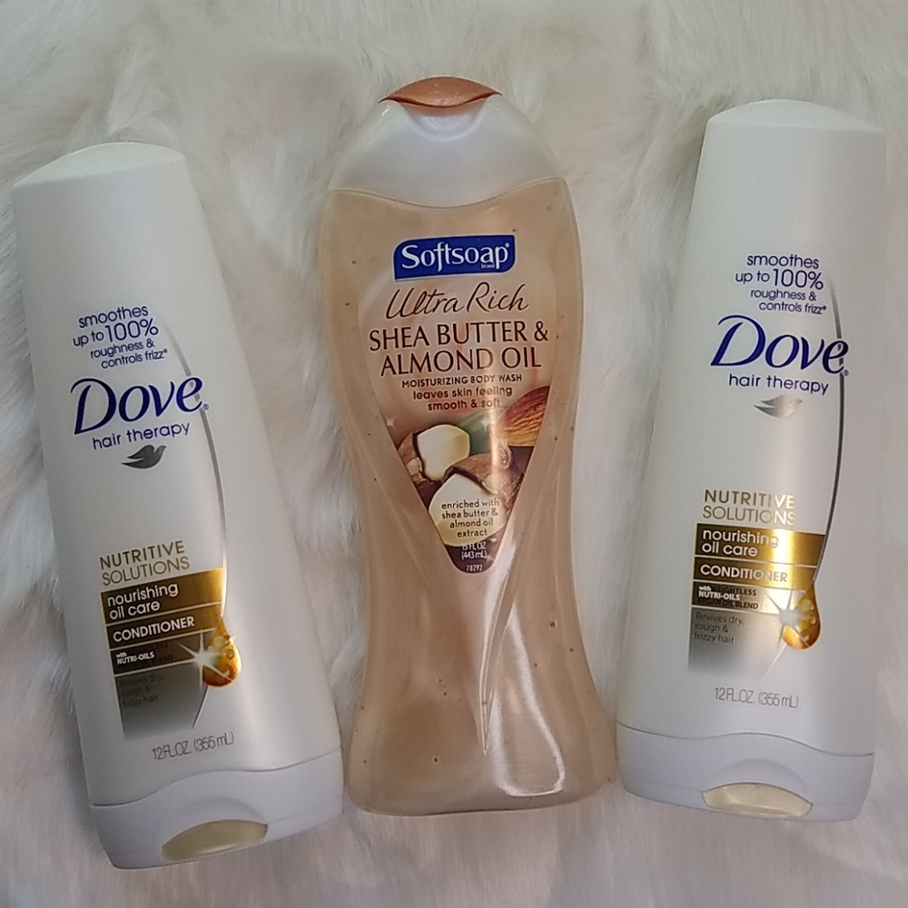 Dove Shampoo and Conditioner. Softsoap Bodywash